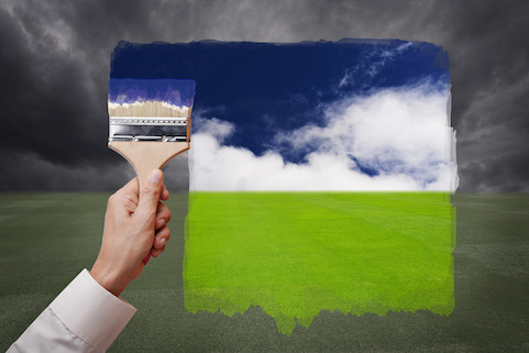 Image of man painting sunny day over gloomy day