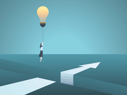 Image of a woman flying over a chasm with a light bulb idea balloon