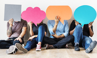 Image of people with diversely colored and shaped speech bubbles over their faces