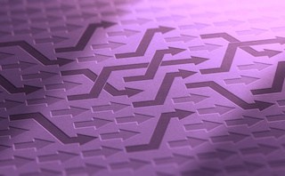 Image of rows of arrows pointing same direction, to the right, with some criss-cross over others to change lanes. Eggplant-purple arrows on mauve background.