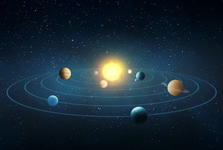 Image of our solar system with planets arrayed around the sun in order, against a dark background