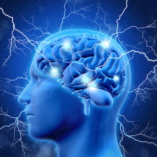 Image of 3D male head and brain with lightning bolts in background