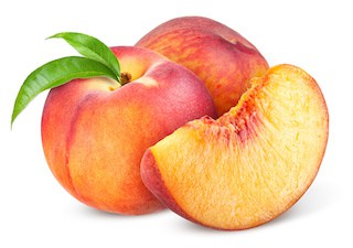 Image of two peaches (one with a couple of green leaves on its stem) and a slice of juicy-looking peach