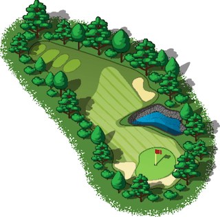 Image of colored overview drawing of a hole on a golf course with flag, water sand and tree traps