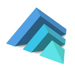 Image of half of pyramid lying on its side, split into 3 layers in three shades of teal