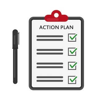 Image of pen & clipboard with Action Plan with four items all of which are checked as done