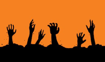 Image of four silhouetted hands raised as if from their graves, waving against orange background in zombie-like manner