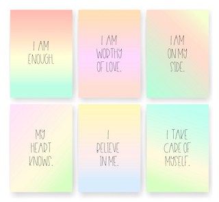 Image of six good vibe affirmations on rainbow colored background