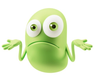 Image of 3D green Minion-esque shrug emoticon character face expression