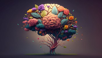 Image of the brain as a tree with trunk, branches, and flowers and leaves in many colors