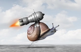 Image of a snail with a small booster rocket attached to its shell, achieving liftoff into the puffy white clouds