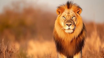 Image of AI-generated majestic lion staring from savanna grassland in golden light