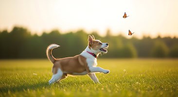 Image of happy cute small dog chasing butterflies in a field with trees in background