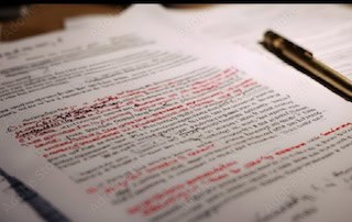 Image of a typed page, marked up with red and black handwritten notes.
