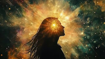 Image of a woman's head in profile silhouetted with a halo of light around her head. long hair ruffled gently as if by a breeze, and a bright starlight shining from the center of her mind all against a night-sky background